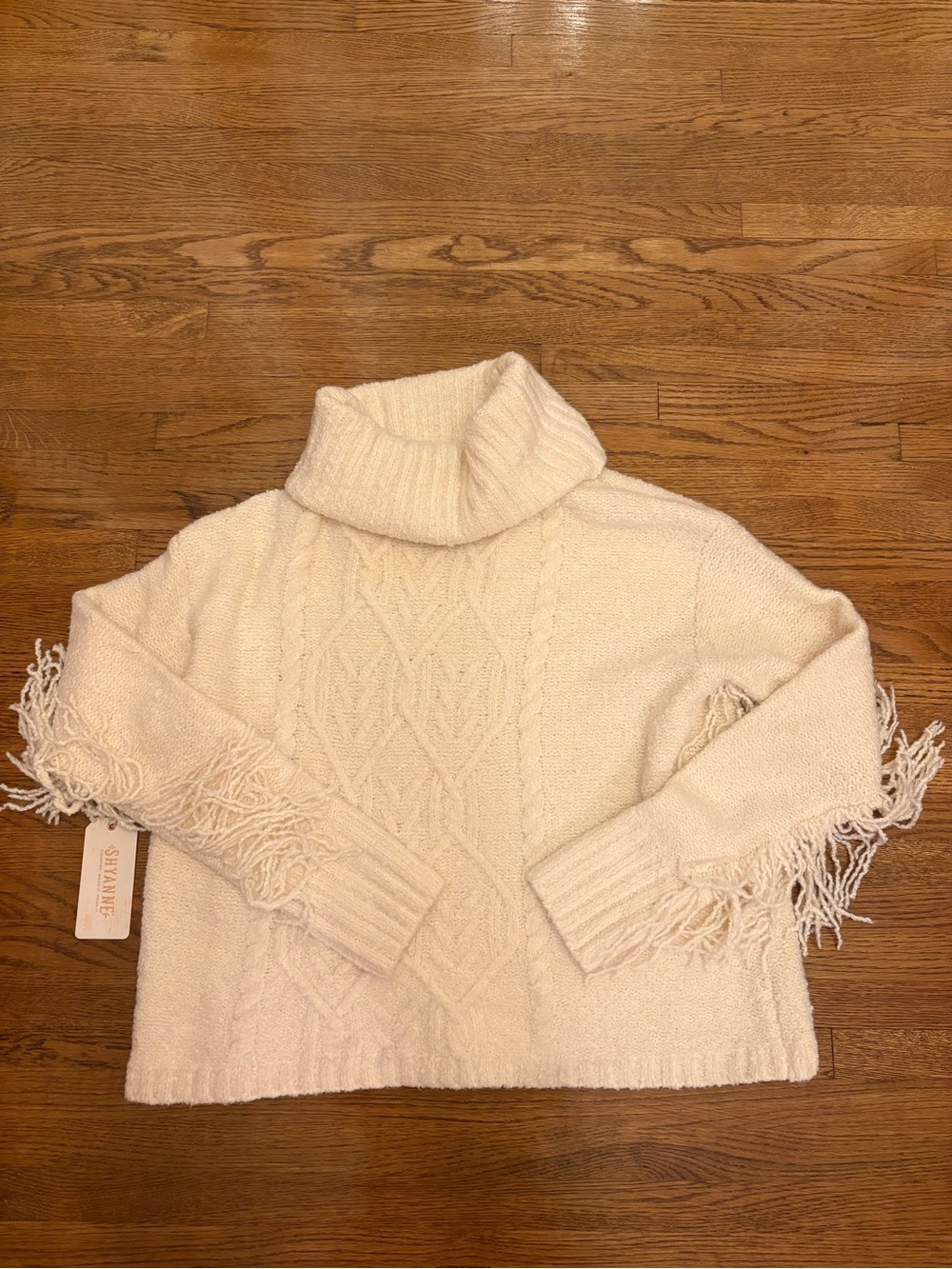 Shyanne Cream Cable Knit Fringe Turtleneck Sweater